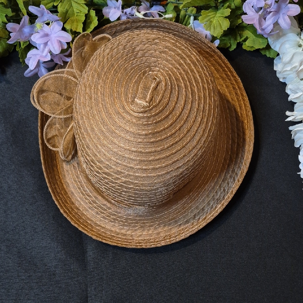 Brown Cloche Hat with Floral Bow Accent